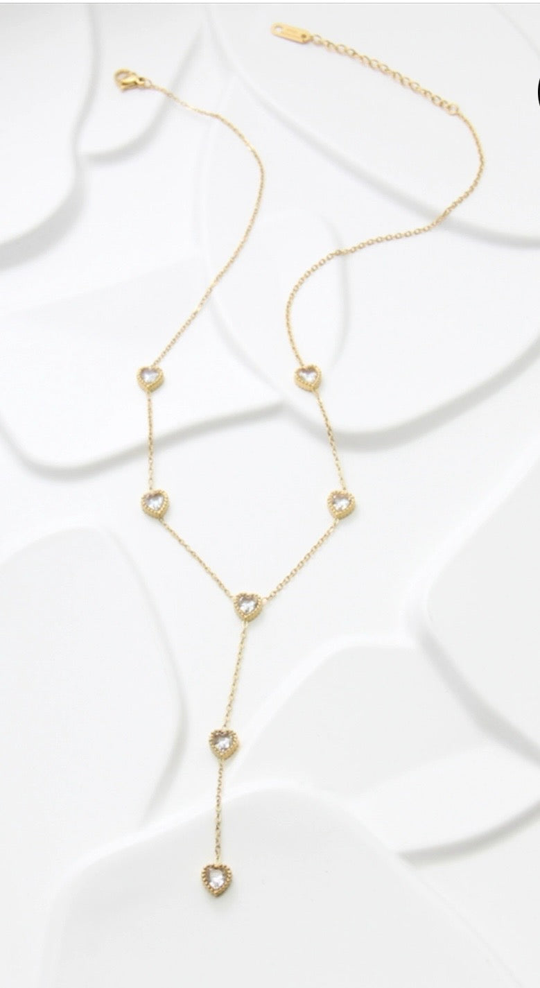 Collier sautoir cœurs en acier inoxydable avec pierres scintillantes -Doré