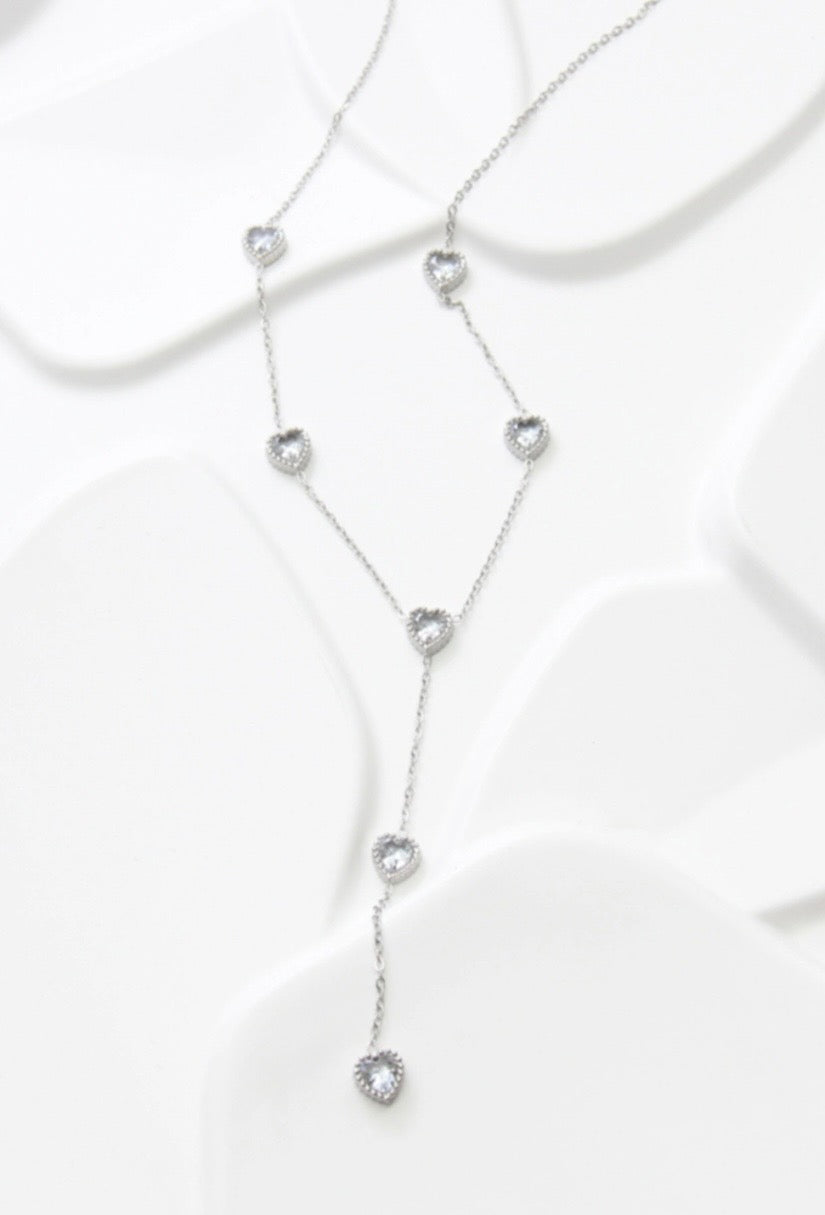 Collier sautoir cœurs en acier inoxydable avec pierres scintillantes - argent