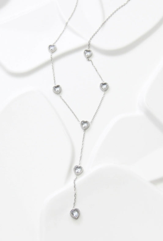 Collier sautoir cœurs en acier inoxydable avec pierres scintillantes - argent