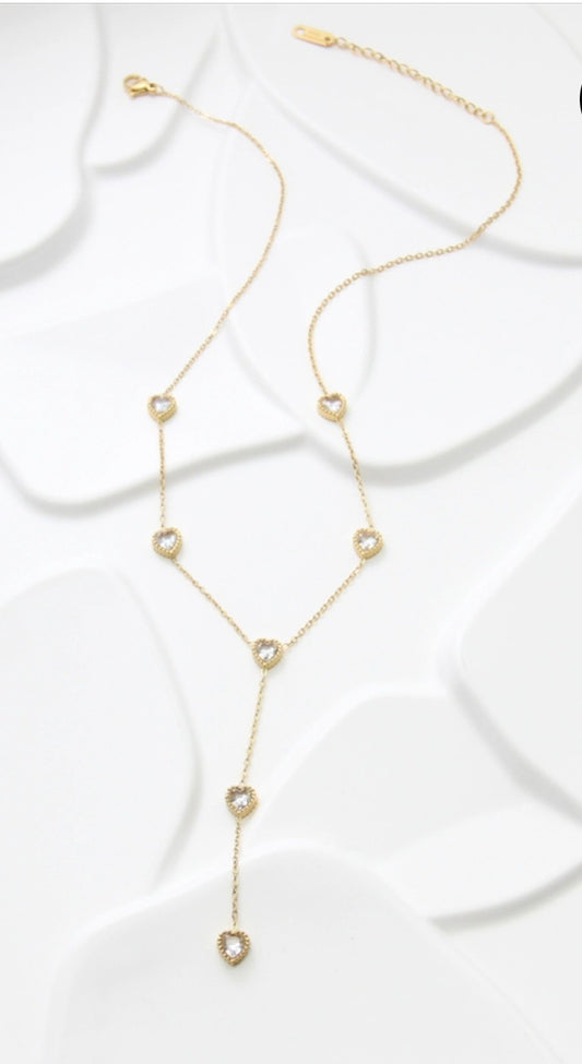 Collier sautoir cœurs en acier inoxydable avec pierres scintillantes -Doré